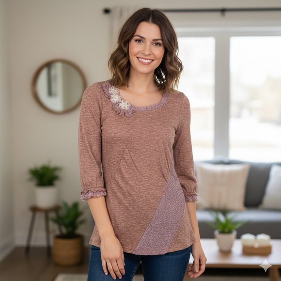 Luluvia Tops - Luluvia Anthropologie Boho Heathered Knit Top with 3D Floral Lace Size M‎ NWT